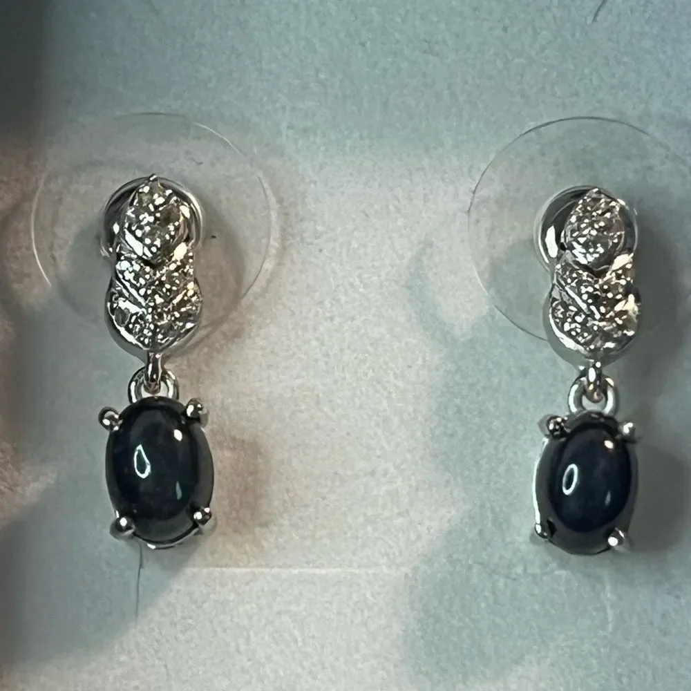 Blue Star Sapphire & Natural White Zircon Dangle Earrings Platinum / Sterling